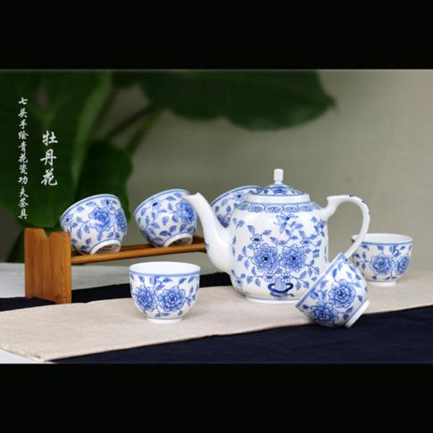 7头手绘青花(huā)牡丹花(huā)茶具