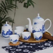 8头手绘青花(huā)绿茶具--...