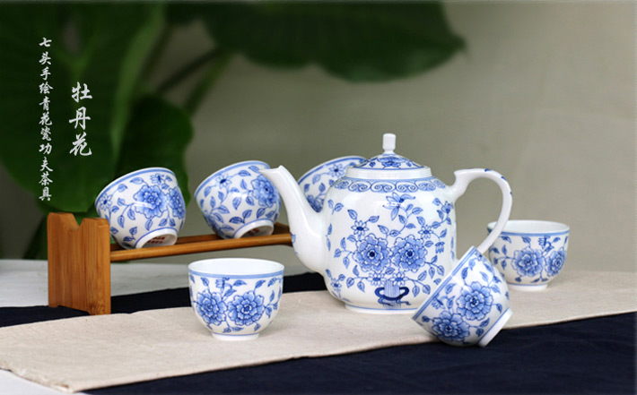 7头手绘青花(huā)茶具(牡丹花(huā)）